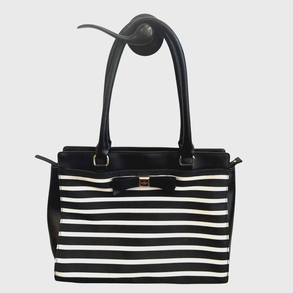 Kate Spade Black Leather with Black and White Striped Shoulder Tote Bag